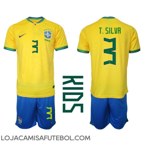 Camisa de Futebol Brasil Thiago Silva #3 Equipamento Principal Infantil Mundo 2022 Manga Curta (+ Calças curtas)